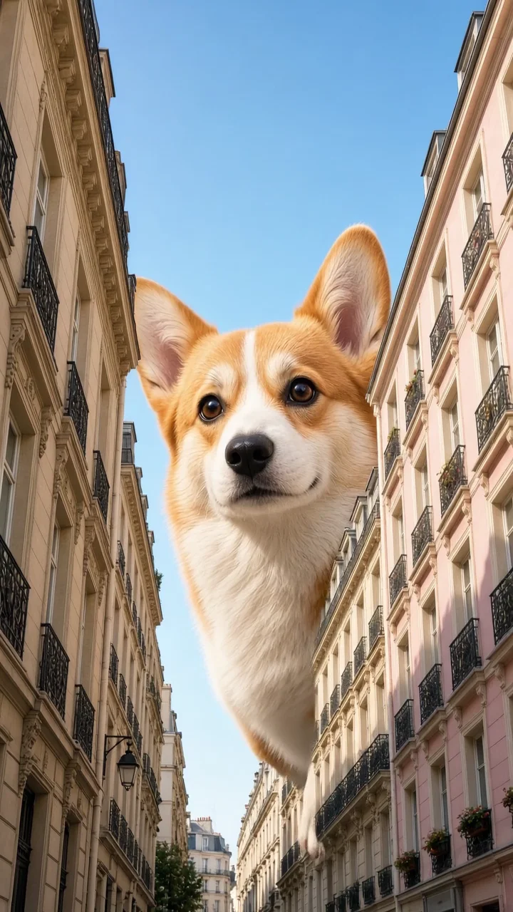 A gigantic friendly corgi peeks between sunlit apartment buildings.