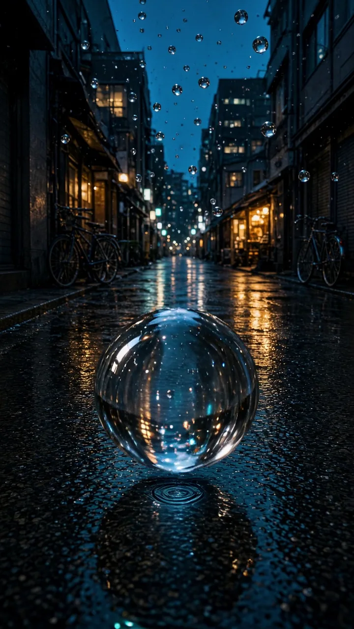 Enormous clear raindrops splash onto a colorful city street.