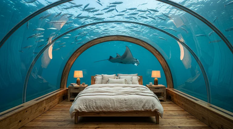 A warm, luxurious bedroom surrounded by an enormous blue aquarium.