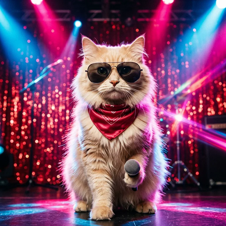 A glamorous fluffy cat poses under concert lights for an original album cover.